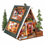 Book Nook kit A Frame Cabin DIY Kit, woodland miniature book nook kit with green roof and rustic interior