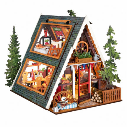 Book Nook kit A Frame Cabin DIY Kit, woodland miniature book nook kit with green roof and rustic interior