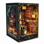 Fantasy Book Nook Kit DIY Alchemy Kit with LED, illuminated apothecary interior, potion bottles, herbs, and gold trim