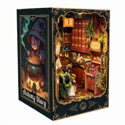 Fantasy Book Nook Kit DIY Alchemy Kit with LED, illuminated apothecary interior, potion bottles, herbs, and gold trim