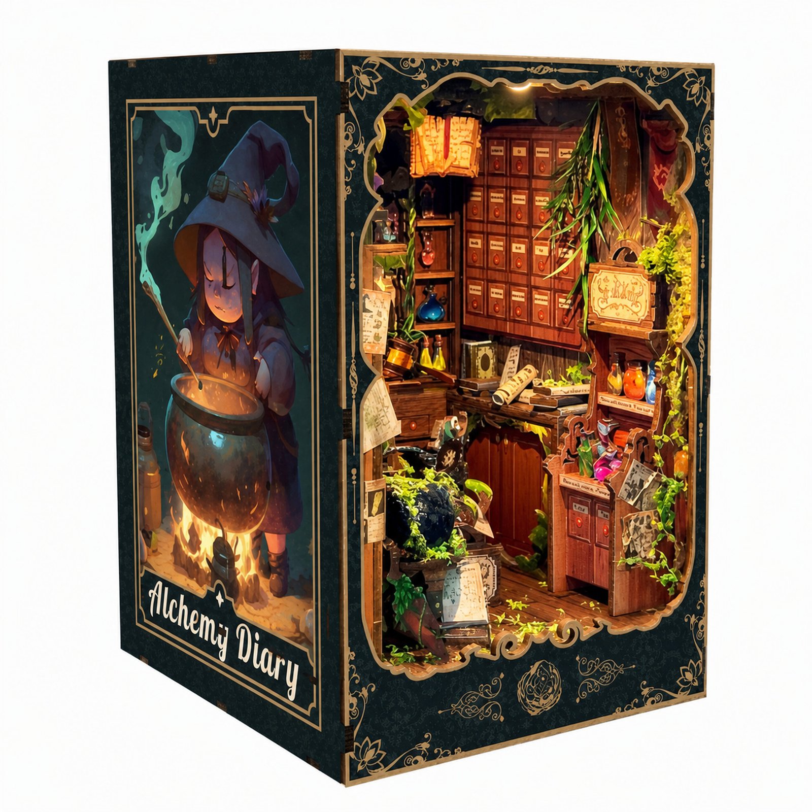 Fantasy Book Nook Kit DIY Alchemy Kit with LED Fantasy Book Nook Kit DIY Alchemy Kit with LED, illuminated apothecary interior, potion bottles, herbs, and gold trim