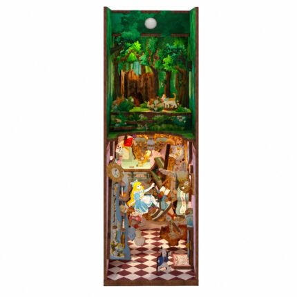 Alice’s Adventure LED Book Nook Kit with forest, Wonderland scene, clocks, characters, and checkerboard floor