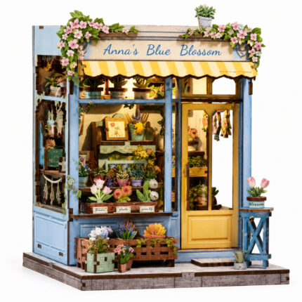Book Nook kit Anna’s Blue Blossom DIY Kit pastel blue flower shop book nook kit for shelf décor