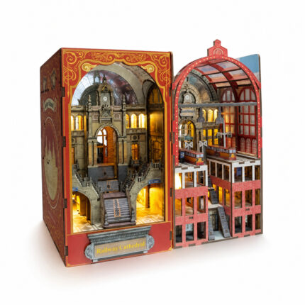 Book Nook Kit Antwerp Railway Cathedral DIY Kit with grand station hall, staircases and glass-roof platform on white