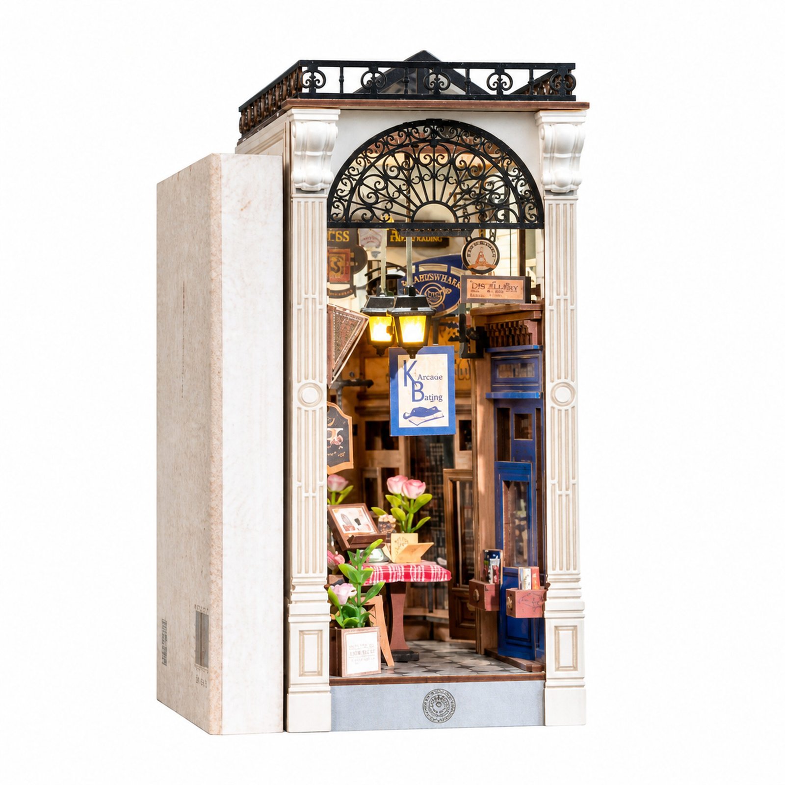 Book Nook Kit Arcade Dating DIY Kit Book Nook Kit Arcade Dating DIY Kit with ornate white arch, warm lamps, flowers, signs, and miniature storefront