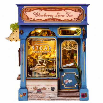 Blueberry Lane Tea Book Nook kit vintage blue tea shop book nook kit with warm lighting for shelf décor