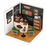 Book Nook kit Breezy Time Cafe DIY Kit, modern miniature cafe book nook kit with green chairs and coffee bar