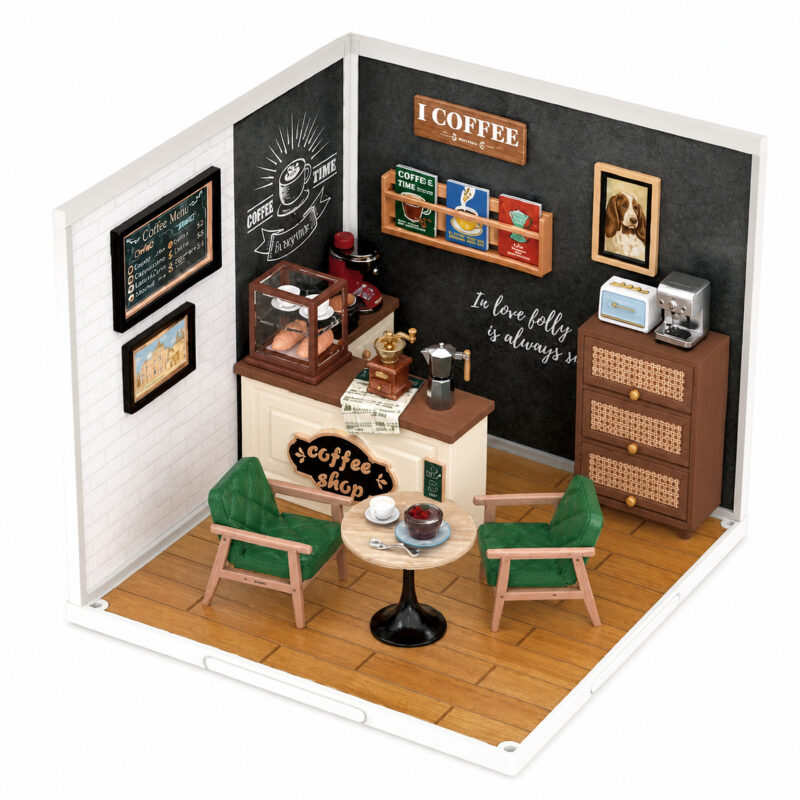 Book Nook kit Breezy Time Cafe DIY Kit, modern miniature cafe book nook kit with green chairs and coffee bar