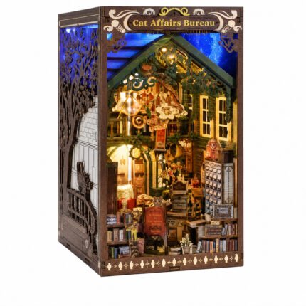 Book Nook Cat Affairs Bureau Miniature Kit with illuminated cat office, books, files, plants, and blue night lighting