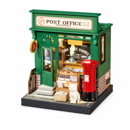 Book Nook kit Century Post Office DIY Kit, green postal book nook kit with parcels and red cylindrical post box