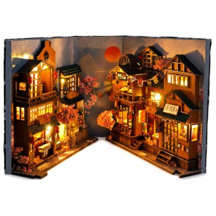 Cherry Blossom Street DIY Book Nook Kit Miniature Sakura Alley with illuminated Japanese shops and blossoms