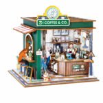 Book Nook kit Coffee & Co. DIY Kit, green miniature café book nook kit with barista, counter and customers