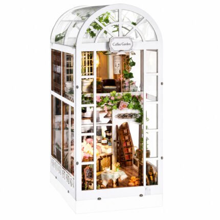 Book Nook Kit Coffee Garden DIY Kit with white greenhouse frame, plants, café furniture, and warm interior lights