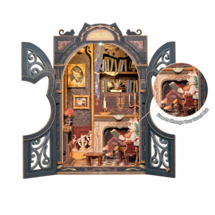 Book Nook Kit Count Cat’s Study Wizard’s Edition with ornate doors, books, candles, and reading wizard cat