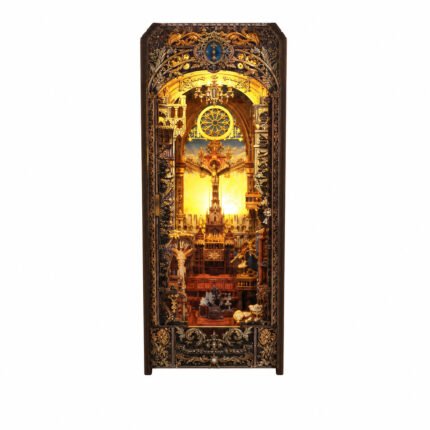 Book Nook Kit The Covenant Church DIY Kit with ornate arches, rose window, carved frame, and warm sanctuary light