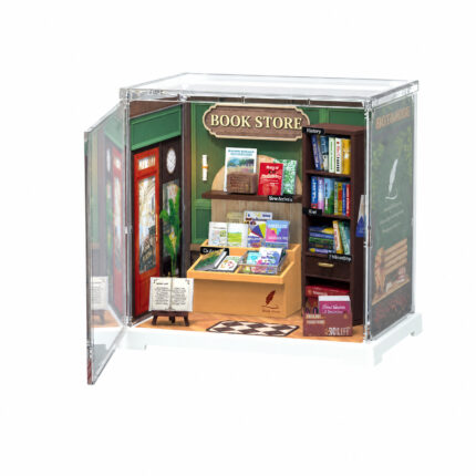 Book Nook kit Cozy Corner Bookstore DIY Kit, miniature bookstore book nook kit inside a clear display case