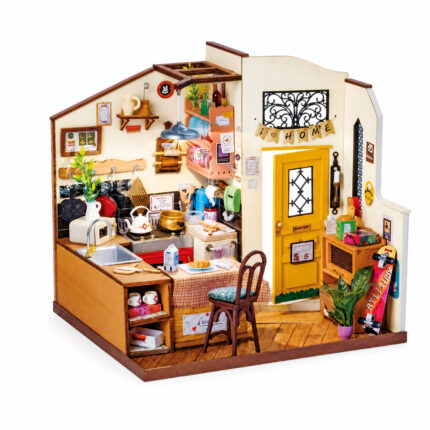 Book Nook kit Garden Loft DIY Kit, cozy interior book nook kit with kitchenette, yellow door, chair and plants