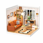 Book Nook kit Cozy Living Lounge DIY Kit, modern miniature living room book nook kit with an orange sofa