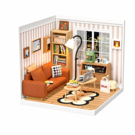 Book Nook kit Cozy Living Lounge DIY Kit, modern miniature living room book nook kit with an orange sofa