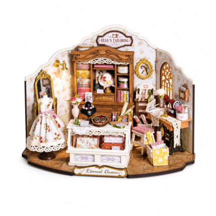 Book Nook kit Elsa's Tailoring DIY Kit, vintage sewing-room book nook kit with floral dress and fabric cabinet