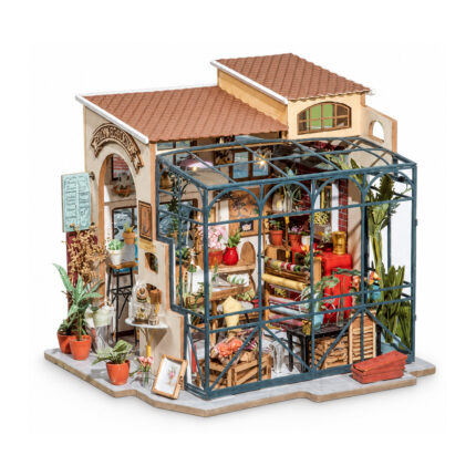 Book Nook kit Emily's Flower Shop, conservatory-style book nook kit with tiled roof, flowers and greenhouse frame