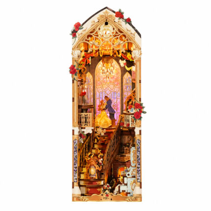 Book Nook kit Enchanted Rose DIY Kit fairytale book nook with white background and warm glowing interior