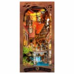 Epic Fantasy Book Nook Kit – Miniature Magic Bookshelf Insert with illuminated medieval town and blue water