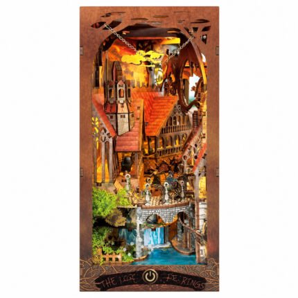Epic Fantasy Book Nook Kit – Miniature Magic Bookshelf Insert with illuminated medieval town and blue water