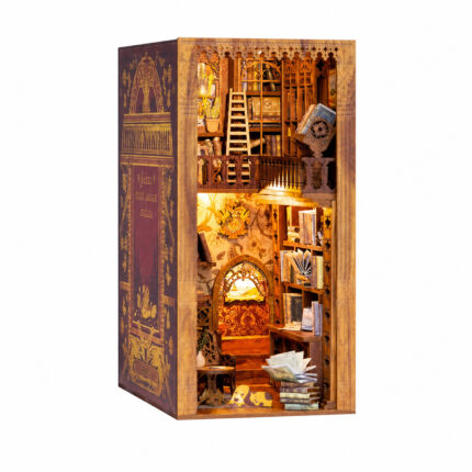 Eternal Bookstore Book Nook Kit with LED & Dust Cover, warm two-level library, ladder and arched reading nook