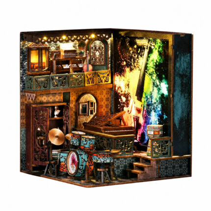 Book Nook Kit Explosive Notes Miniature Kit with piano, drums, balcony and colorful guitar artwork on white