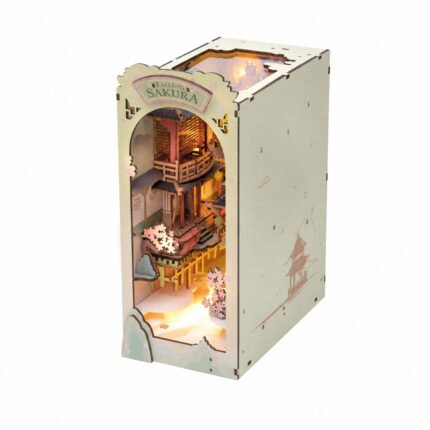 Falling Sakura DIY Book Nook Kit with illuminated Japanese alley, balconies, lanterns, and cherry blossoms