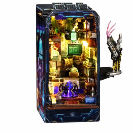 Fantasy Book Nook Kit Sci-Fi Energy Lab DIY Kit with glowing green machinery and purple illuminated details