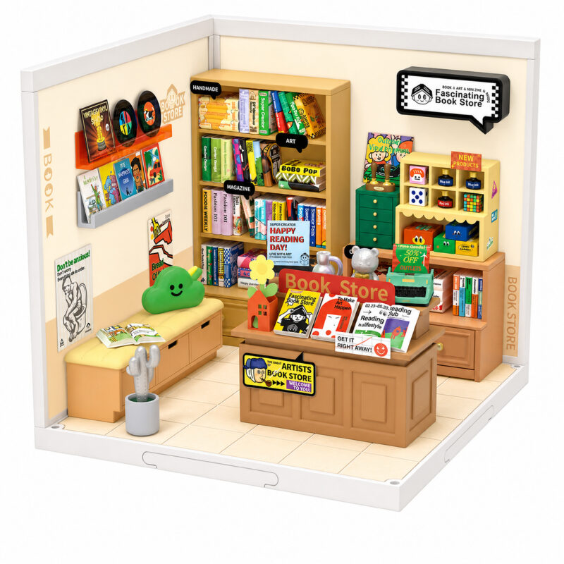 Book Nook kit Fascinating Book Store DIY Kit, colorful miniature bookstore book nook kit with books and art