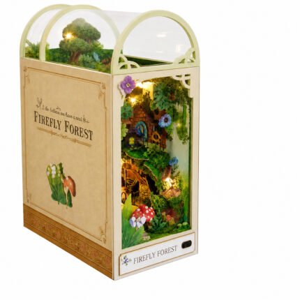 Book Nook Kit Firefly Forest DIY Kit with illuminated woodland, treehouse, flowers, mushrooms, and arched case