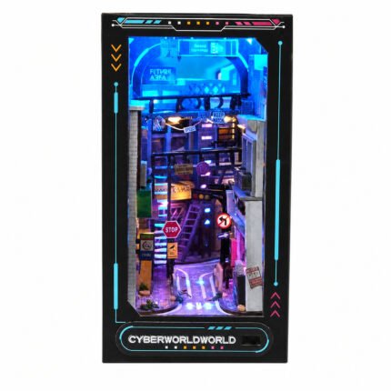 Book Nook Kit Future World DIY Kit featuring a neon cyberpunk street and illuminated futuristic city details