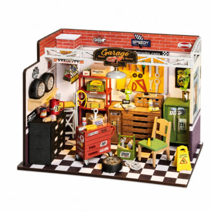 Book Nook kit Garage Workshop DIY Kit, mechanic book nook kit with tool chests, workbench, tires and checkerboard floor
