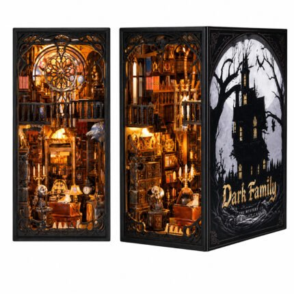 Book Nook Kit Gothic Family DIY Kit with illuminated gothic rooms, ornate black frame, and dark castle artwork