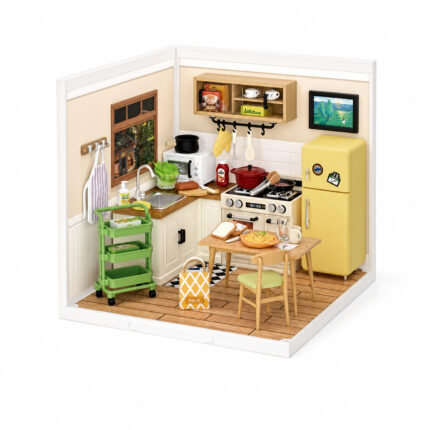 Book Nook kit Happy Meals Kitchen DIY Kit, cozy miniature kitchen book nook kit with yellow refrigerator