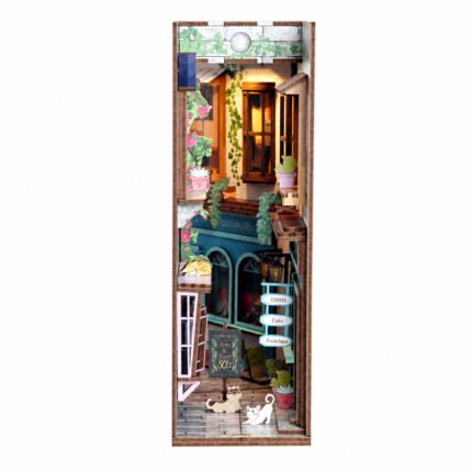 Island of Love DIY Book Nook Kit with cafe alley, warm windows, plants, signs, flowers, and two cats