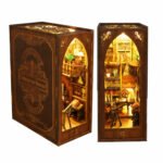 Book Nook Kit Library of Books DIY Kit with carved wooden case, illuminated shelves, ladders, and reading room