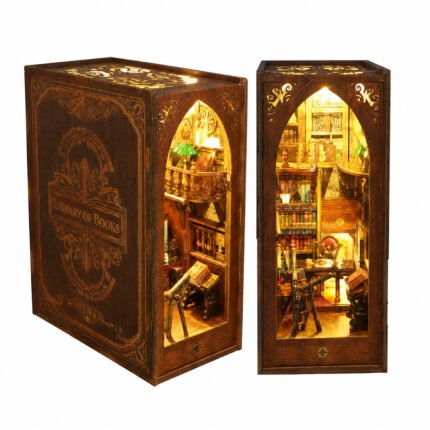Book Nook Kit Library of Books DIY Kit with carved wooden case, illuminated shelves, ladders, and reading room