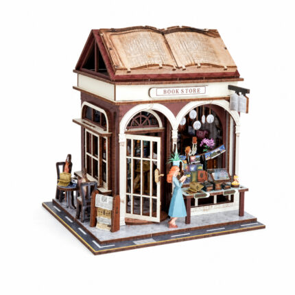 Book Nook kit Little Village Bookstore DIY Kit, miniature book nook kit with open-book roof and arched storefront