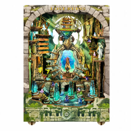 Book Nook Kit Lost Ruins DIY Fantasy with LED Crystals, stone portal scene with glowing turquoise crystals