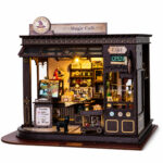 Book Nook kit Magic Café DIY Kit detailed magical café book nook kit with dark wood storefront for shelf décor