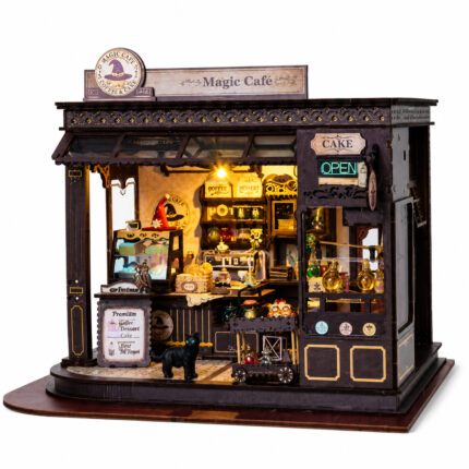 Book Nook kit Magic Café DIY Kit detailed magical café book nook kit with dark wood storefront for shelf décor