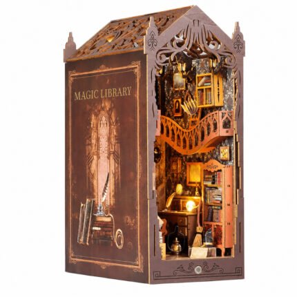 Magic Library Fantasy Book Nook Kit with Gothic cutwork, illuminated shelves, curved balcony, books, desk, and warm lighting