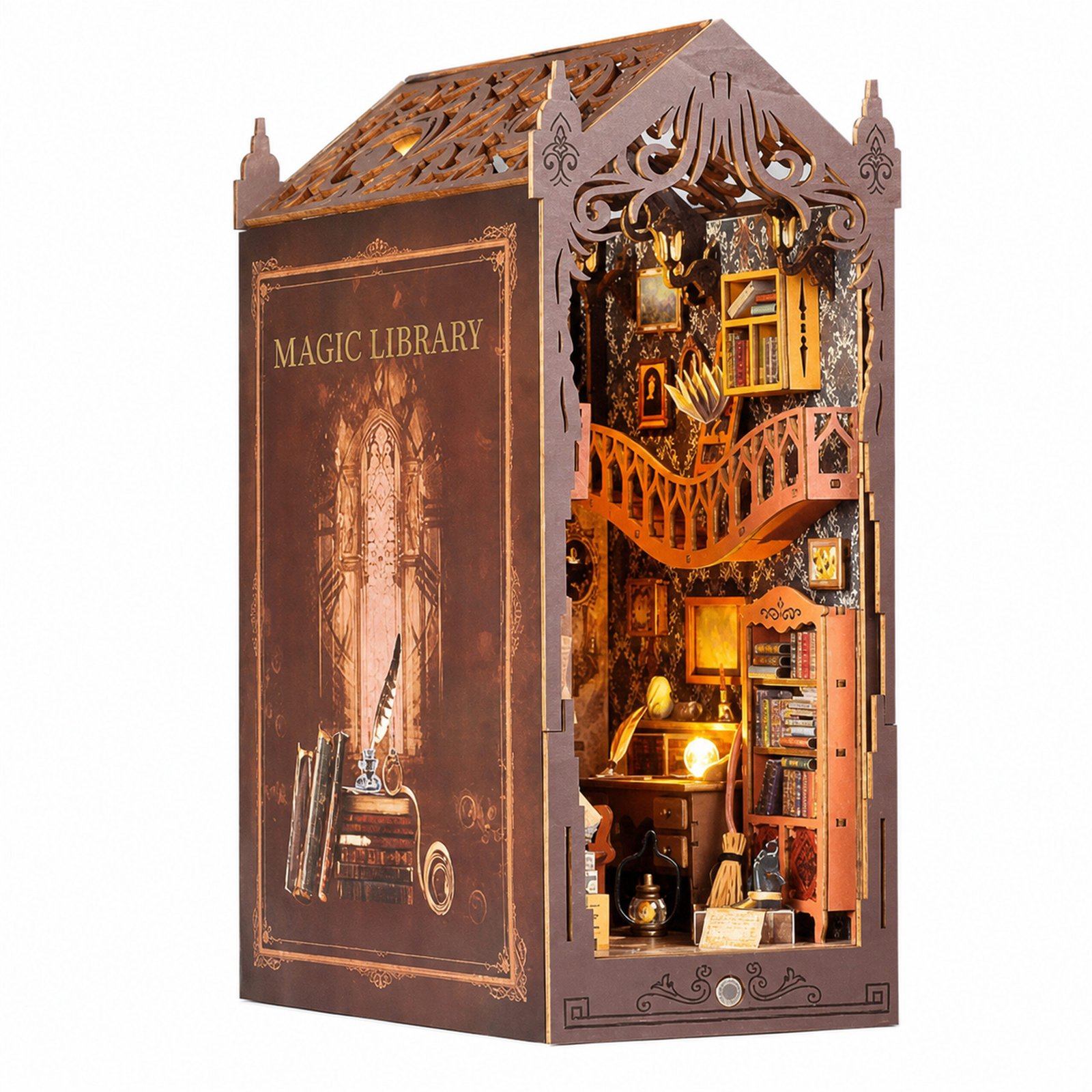 Magic Library Fantasy Book Nook Kit Magic Library Fantasy Book Nook Kit with Gothic cutwork, illuminated shelves, curved balcony, books, desk, and warm lighting