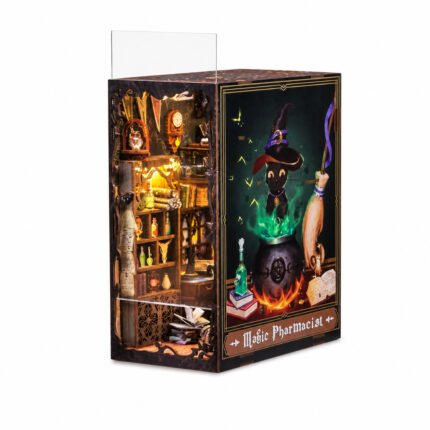 Magic Pharmacist DIY Fantasy Book Nook Kit with illuminated potion workshop, cat artwork, and clear dust cover