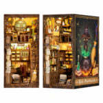 Magic Pharmacist DIY Book Nook Kit with LED Lights, two-view fantasy workshop with potions and cauldron artwork