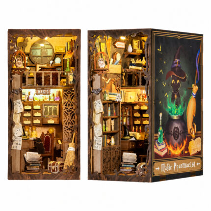 Magic Pharmacist DIY Book Nook Kit with LED Lights, two-view fantasy workshop with potions and cauldron artwork